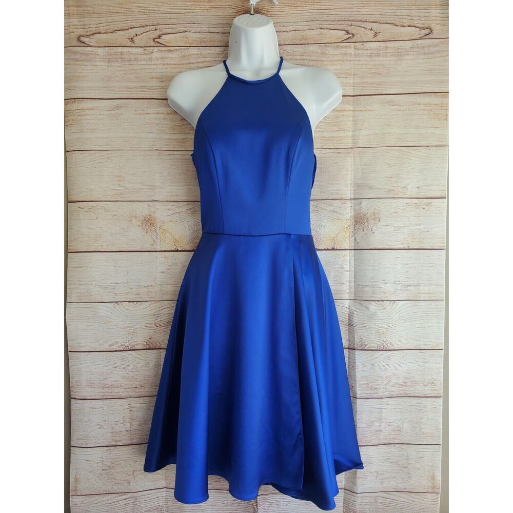 NWT JVN by Jovani Womens Royal Blue Halter Open Back Semi-Formal Dress Size 0